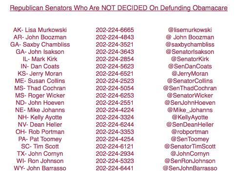 Phone numbers and Twitter for Republican Senator who are ‘undecided’ on DEFUNDING Obamacare